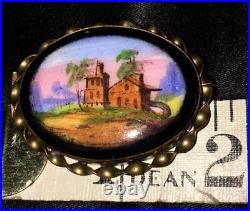 Victorian Gold Landscape Brooch Hand Painted Black Home Country Scene Antique