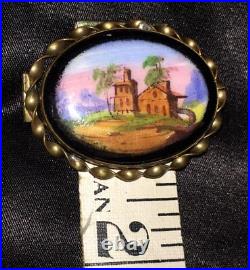 Victorian Gold Landscape Brooch Hand Painted Black Home Country Scene Antique