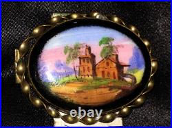 Victorian Gold Landscape Brooch Hand Painted Black Home Country Scene Antique
