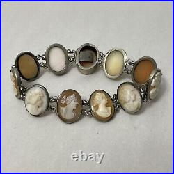 Victorian Grand Tour Hand Carved Shell Cameo Bracelet 19th ct Silver Tone Size 7