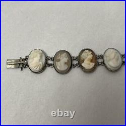 Victorian Grand Tour Hand Carved Shell Cameo Bracelet 19th ct Silver Tone Size 7