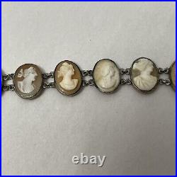 Victorian Grand Tour Hand Carved Shell Cameo Bracelet 19th ct Silver Tone Size 7