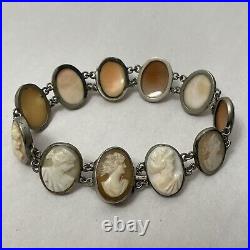 Victorian Grand Tour Hand Carved Shell Cameo Bracelet 19th ct Silver Tone Size 7