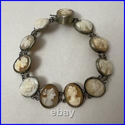 Victorian Grand Tour Hand Carved Shell Cameo Bracelet 19th ct Silver Tone Size 7