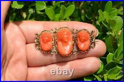 Victorian Hand Carved Coral Cameo Suite in 14K