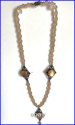 Victorian Hand Carved & Faceted Rose Colored Quarts, Crystal, Or Glass Necklace