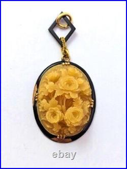 Victorian Hand-Carved Pendant in 14K Gold with Enamel, 1800's
