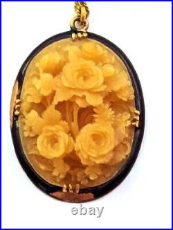 Victorian Hand-Carved Pendant in 14K Gold with Enamel, 1800's, Vintage Jewelry