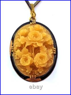 Victorian Hand-Carved Pendant in 14K Gold with Enamel, 1800's, Vintage Jewelry