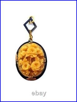 Victorian Hand-Carved Pendant in 14K Gold with Enamel, 1800's, Vintage Jewelry