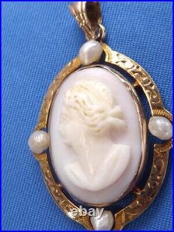 Victorian Hand Carved Pink Conch Shell 10k Yg Seed Pearls Cameo Pendant