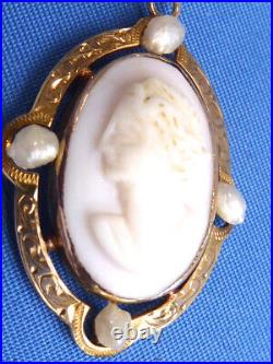 Victorian Hand Carved Pink Conch Shell 10k Yg Seed Pearls Cameo Pendant