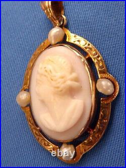 Victorian Hand Carved Pink Conch Shell 10k Yg Seed Pearls Cameo Pendant
