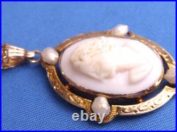 Victorian Hand Carved Pink Conch Shell 10k Yg Seed Pearls Cameo Pendant