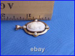Victorian Hand Carved Pink Conch Shell 10k Yg Seed Pearls Cameo Pendant