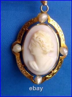 Victorian Hand Carved Pink Conch Shell 10k Yg Seed Pearls Cameo Pendant