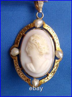 Victorian Hand Carved Pink Conch Shell 10k Yg Seed Pearls Cameo Pendant