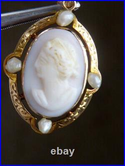 Victorian Hand Carved Pink Conch Shell 10k Yg Seed Pearls Cameo Pendant