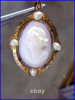 Victorian Hand Carved Pink Conch Shell 10k Yg Seed Pearls Cameo Pendant