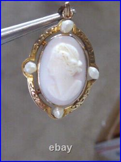 Victorian Hand Carved Pink Conch Shell 10k Yg Seed Pearls Cameo Pendant