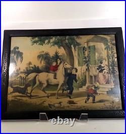 Victorian Hand Colored Print Children Horse Mother Ducks Carved Frame