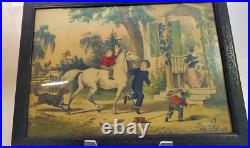 Victorian Hand Colored Print Children Horse Mother Ducks Carved Frame