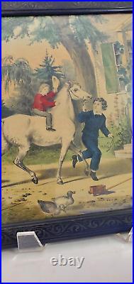 Victorian Hand Colored Print Children Horse Mother Ducks Carved Frame