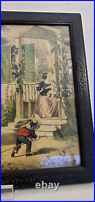 Victorian Hand Colored Print Children Horse Mother Ducks Carved Frame