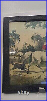 Victorian Hand Colored Print Children Horse Mother Ducks Carved Frame