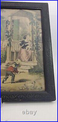 Victorian Hand Colored Print Children Horse Mother Ducks Carved Frame