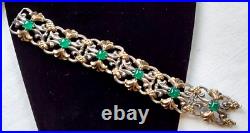 Victorian Hand-Crafted Silver & Gold Tone Chrysoprase Stone Link Bracelet 55gram