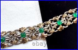 Victorian Hand-Crafted Silver & Gold Tone Chrysoprase Stone Link Bracelet 55gram