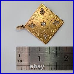 Victorian Hand Engraved & Rose Cut Diamonds Set 20K Gold Plaque Pendant Estate