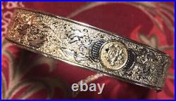 Victorian Hand-Etched Clap Bracelet, Exc. Cond 1-10 14k, Nice & Safety Chain