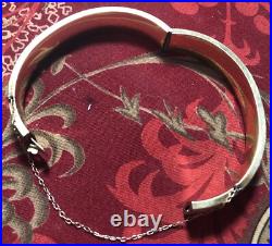 Victorian Hand-Etched Clap Bracelet, Exc. Cond 1-10 14k, Nice & Safety Chain