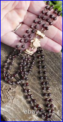 Victorian Hand Faceted Natural Garnet Double Strand Necklace with14K Gold Clasp
