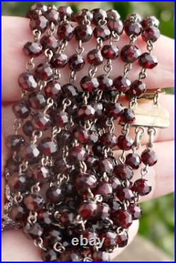 Victorian Hand Faceted Natural Garnet Double Strand Necklace with14K Gold Clasp
