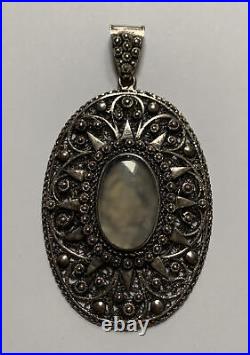 Victorian Hand Made Sterling Silver Oval Pendant w Center Moonstone Cabochon