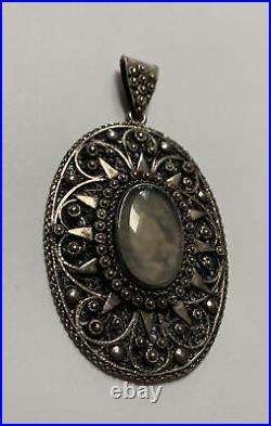 Victorian Hand Made Sterling Silver Oval Pendant w Center Moonstone Cabochon