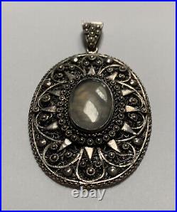 Victorian Hand Made Sterling Silver Oval Pendant w Center Moonstone Cabochon