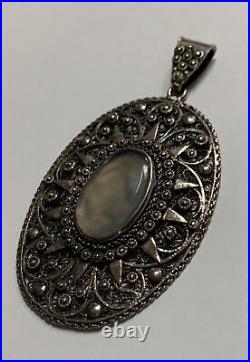 Victorian Hand Made Sterling Silver Oval Pendant w Center Moonstone Cabochon