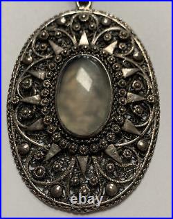 Victorian Hand Made Sterling Silver Oval Pendant w Center Moonstone Cabochon