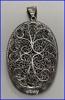 Victorian Hand Made Sterling Silver Oval Pendant w Center Moonstone Cabochon