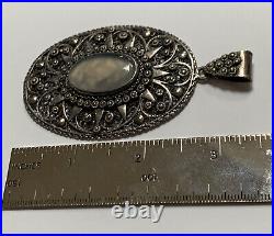 Victorian Hand Made Sterling Silver Oval Pendant w Center Moonstone Cabochon