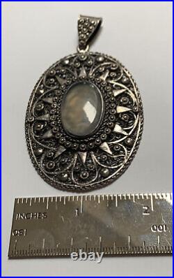 Victorian Hand Made Sterling Silver Oval Pendant w Center Moonstone Cabochon