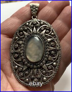 Victorian Hand Made Sterling Silver Oval Pendant w Center Moonstone Cabochon