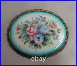 Victorian Hand Painted Cameo With Flowers In Silver 2 By 1. 3/4 Wide