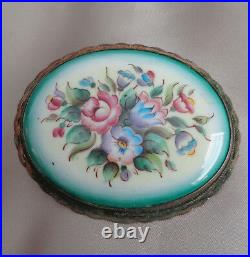 Victorian Hand Painted Cameo With Flowers In Silver 2 By 1. 3/4 Wide