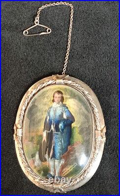 Victorian Hand Painted Celluloid Blue Boy After Gainsborough Sterling Silver Pin