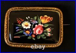 Victorian Hand Painted Enamel Floral Painting Glass Brooch Repousse Watch Pin
